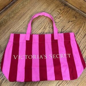 VICTORIA’S SECRET Bold Striped Red And Pink Canvas Gold Graphic Tote Bag